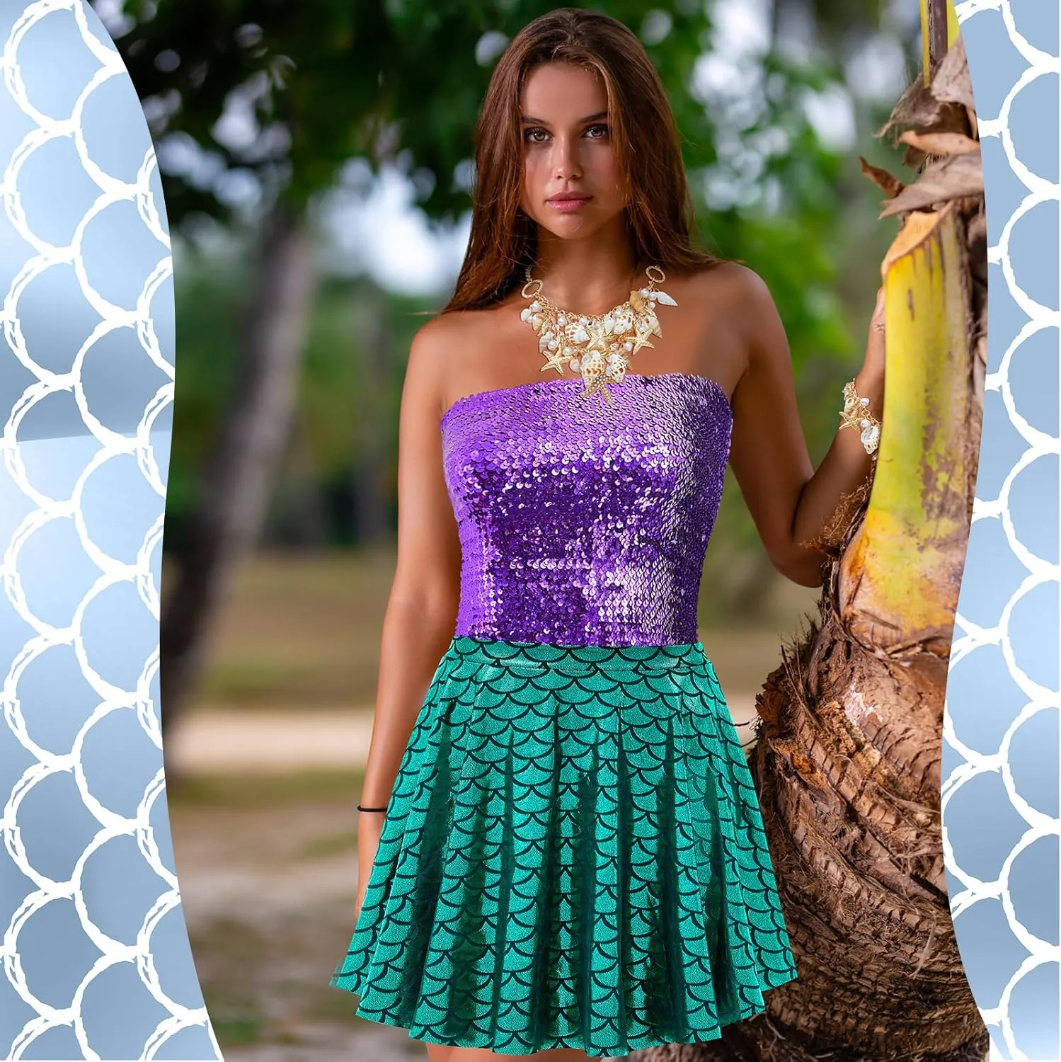 Newcotte 4 Pcs Mermaid Costume for Women Sequin Mermaid Crop Tops Skirts Shell Necklace and Bracelet