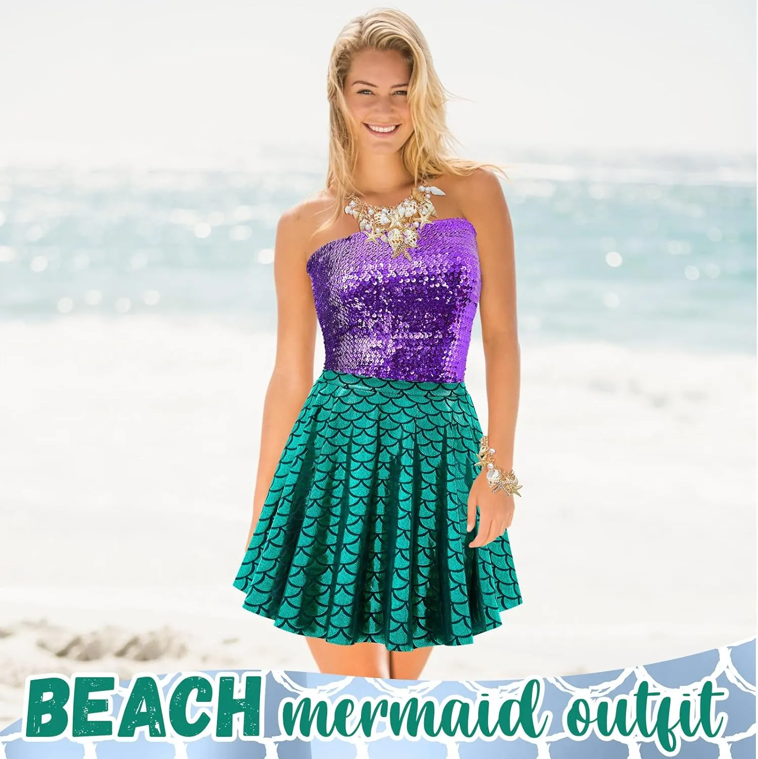 Newcotte 4 Pcs Mermaid Costume for Women Sequin Mermaid Crop Tops Skirts Shell Necklace and Bracelet