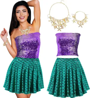 Newcotte 4 Pcs Mermaid Costume for Women Sequin Mermaid Crop Tops Skirts Shell Necklace and Bracelet