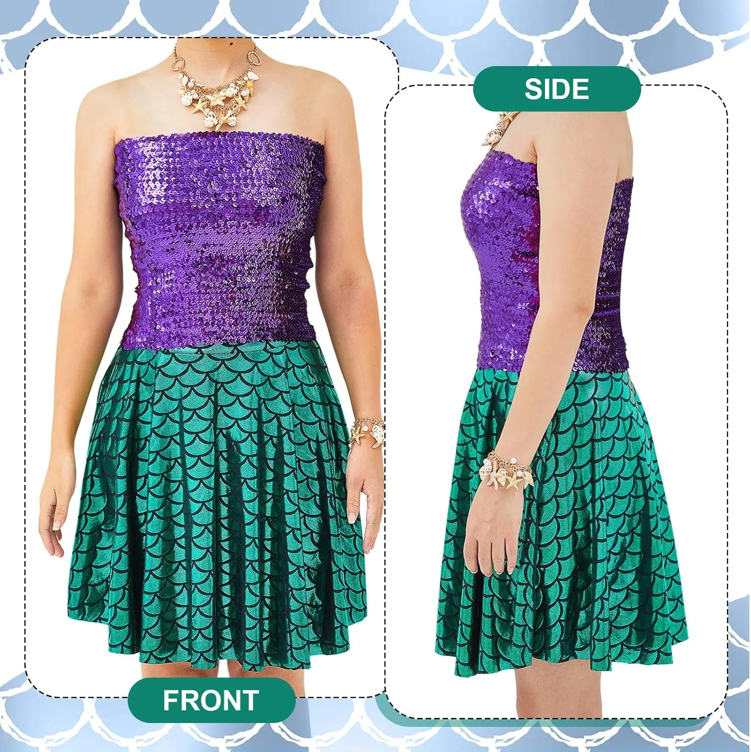 Newcotte 4 Pcs Mermaid Costume for Women Sequin Mermaid Crop Tops Skirts Shell Necklace and Bracelet