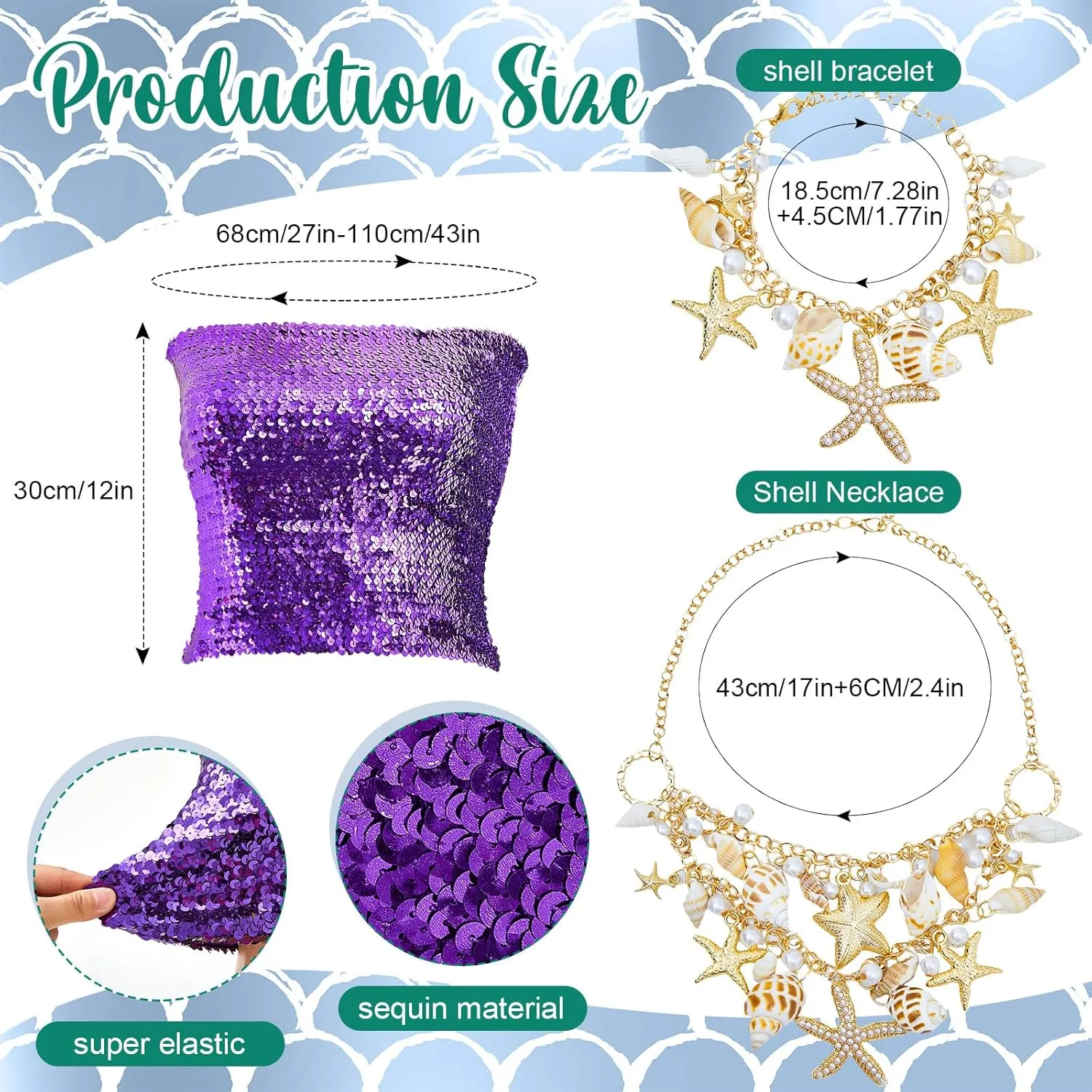 Newcotte 4 Pcs Mermaid Costume for Women Sequin Mermaid Crop Tops Skirts Shell Necklace and Bracelet