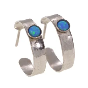 Open Hoop Earrings 4mm Blue Opal 925 Sterling Silver Hammered Hoops for women