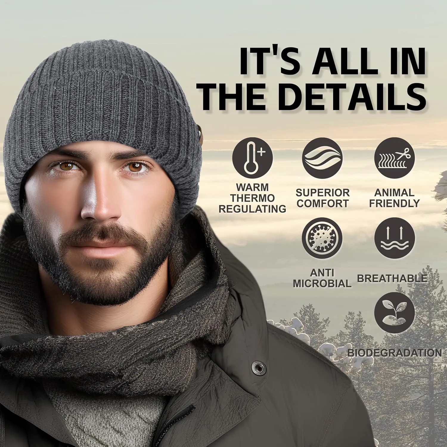 OUTDOOR SHAPING Merino Wool Beanie for Men & Women, Unisex Daily Cuffed Plain Knit Hat, Soft Warm Winter Hat