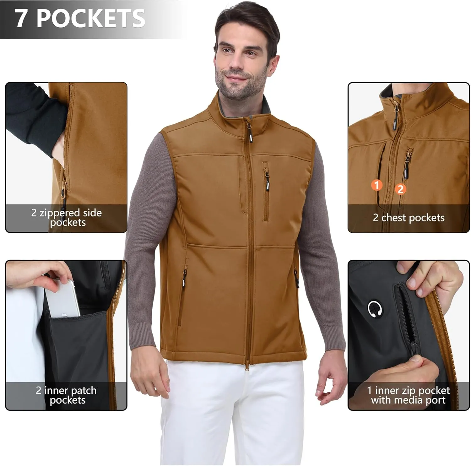 Outdoor Ventures Men's Running Vest Outerwear, Lightweight Windproof Fleece-Lined Softshell Sleeveless Jacket for Golf