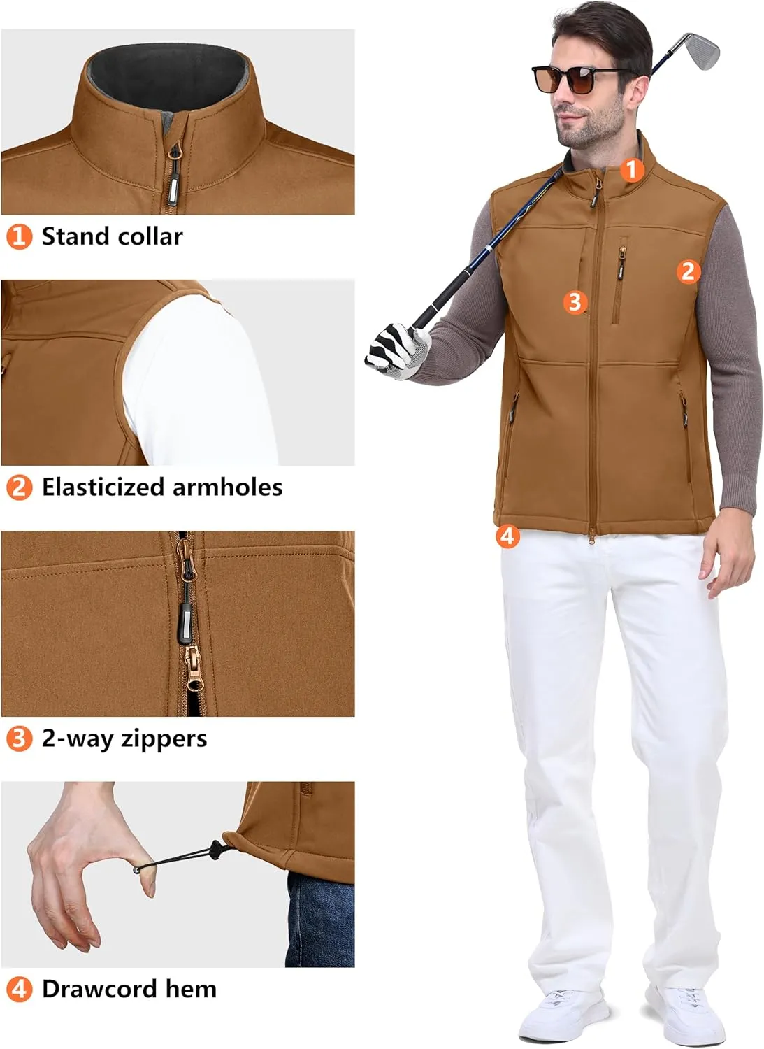 Outdoor Ventures Men's Running Vest Outerwear, Lightweight Windproof Fleece-Lined Softshell Sleeveless Jacket for Golf