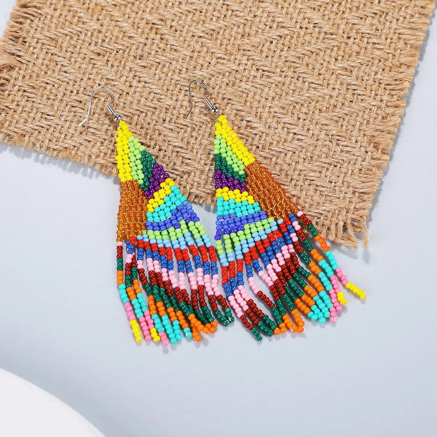 papasgix Long Beaded Drop Dangle Earrings Boho Native Handmade Seed Bead Tassel Earrings for Women, Bohemian Large Statement Beaded Drop Tassel Earrings for Gifts