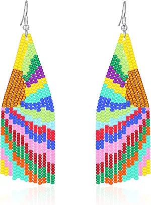 papasgix Long Beaded Drop Dangle Earrings Boho Native Handmade Seed Bead Tassel Earrings for Women, Bohemian Large Statement Beaded Drop Tassel Earrings for Gifts
