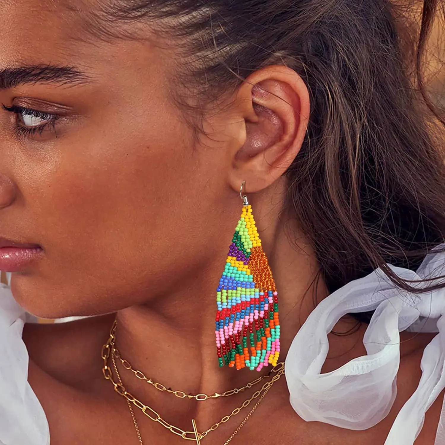 papasgix Long Beaded Drop Dangle Earrings Boho Native Handmade Seed Bead Tassel Earrings for Women, Bohemian Large Statement Beaded Drop Tassel Earrings for Gifts