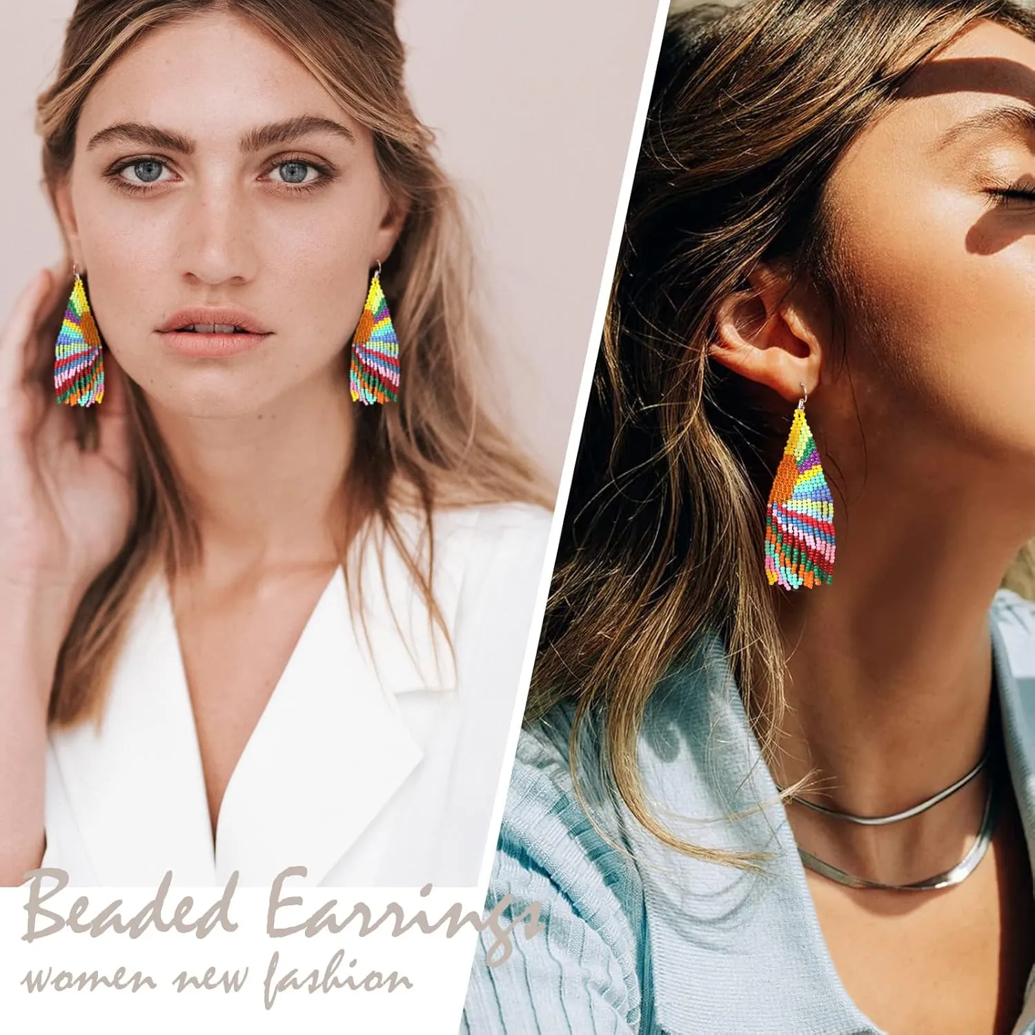 papasgix Long Beaded Drop Dangle Earrings Boho Native Handmade Seed Bead Tassel Earrings for Women, Bohemian Large Statement Beaded Drop Tassel Earrings for Gifts