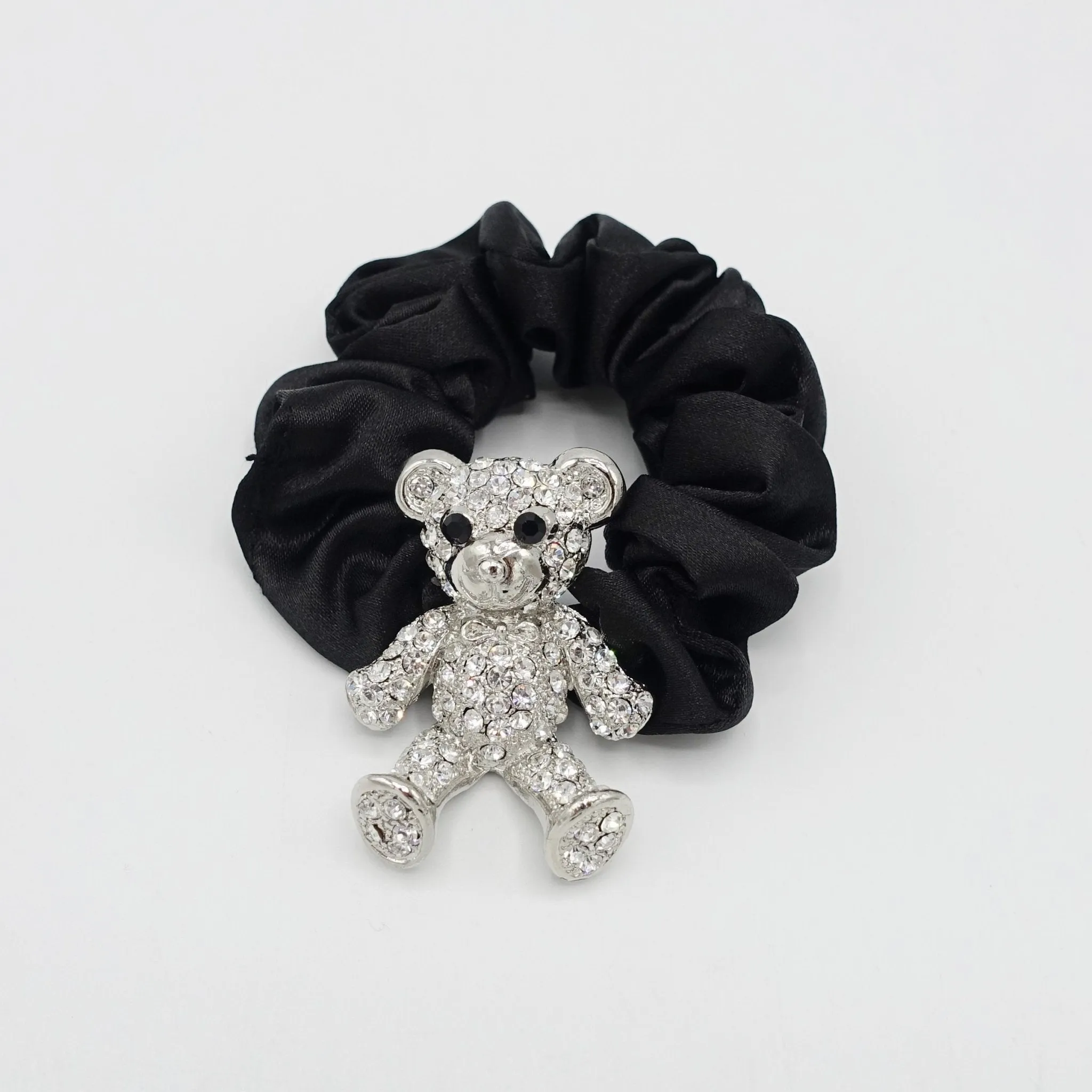 rhinestone bear hair elastic black satin scrunchies