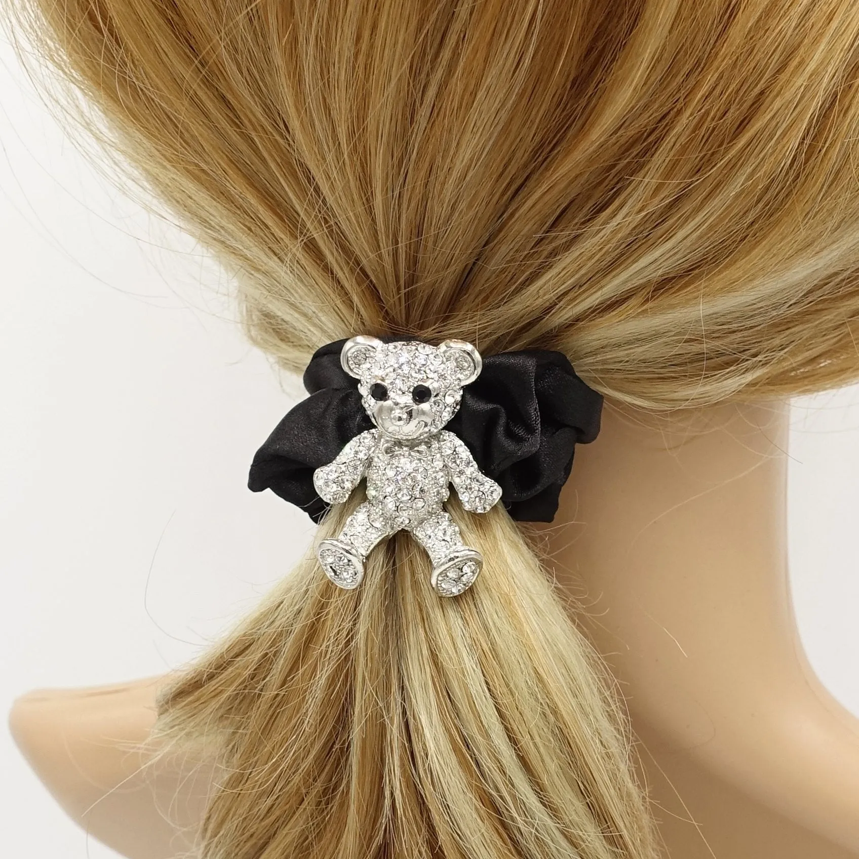 rhinestone bear hair elastic black satin scrunchies