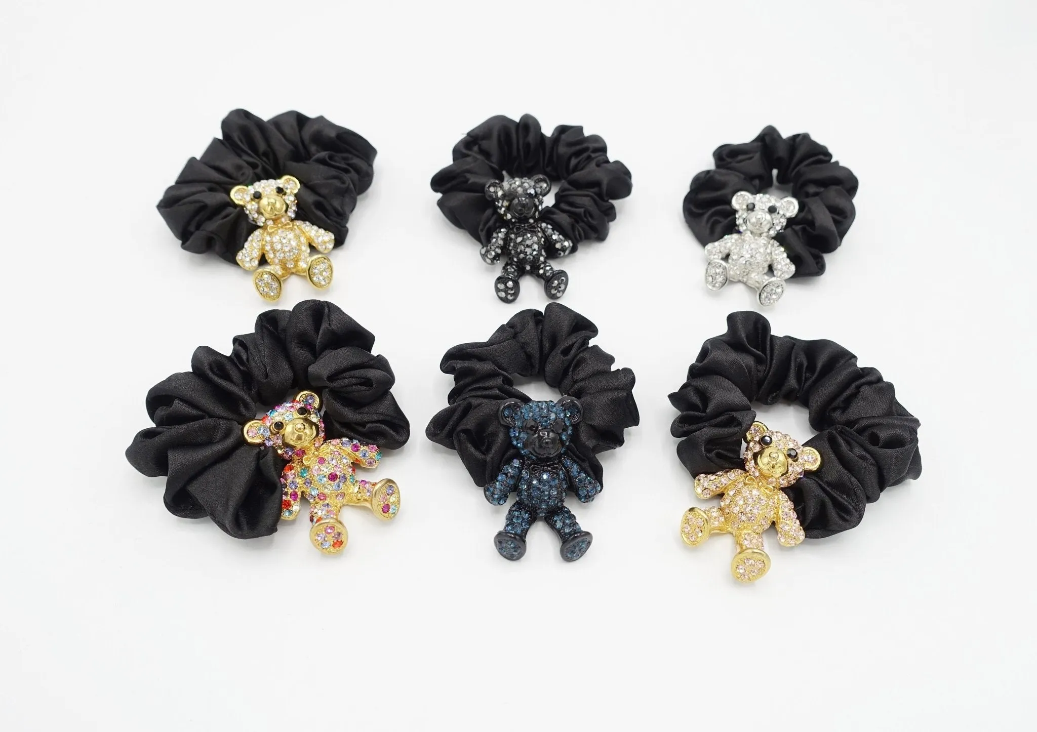 rhinestone bear hair elastic black satin scrunchies