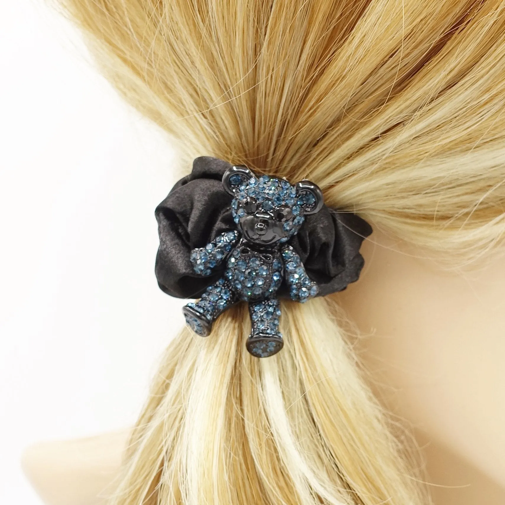 rhinestone bear hair elastic black satin scrunchies