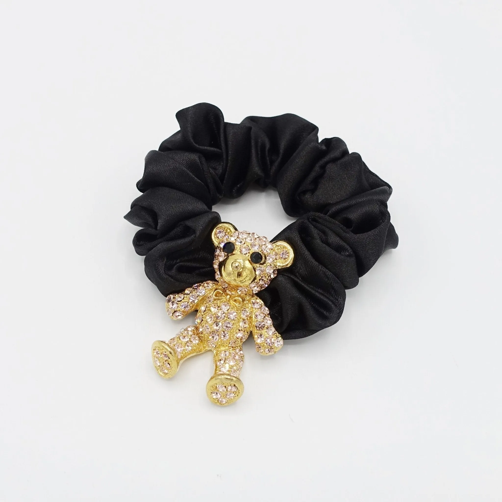 rhinestone bear hair elastic black satin scrunchies