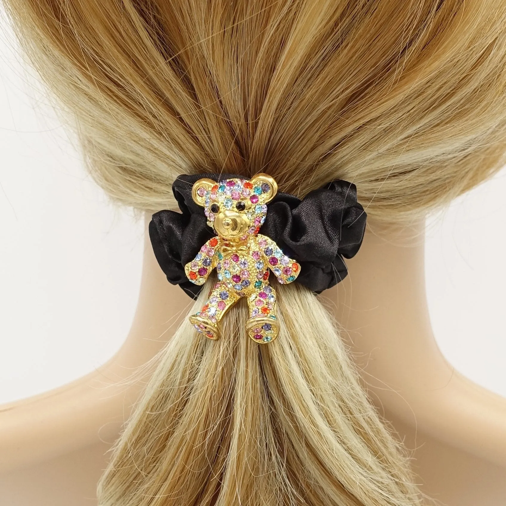 rhinestone bear hair elastic black satin scrunchies