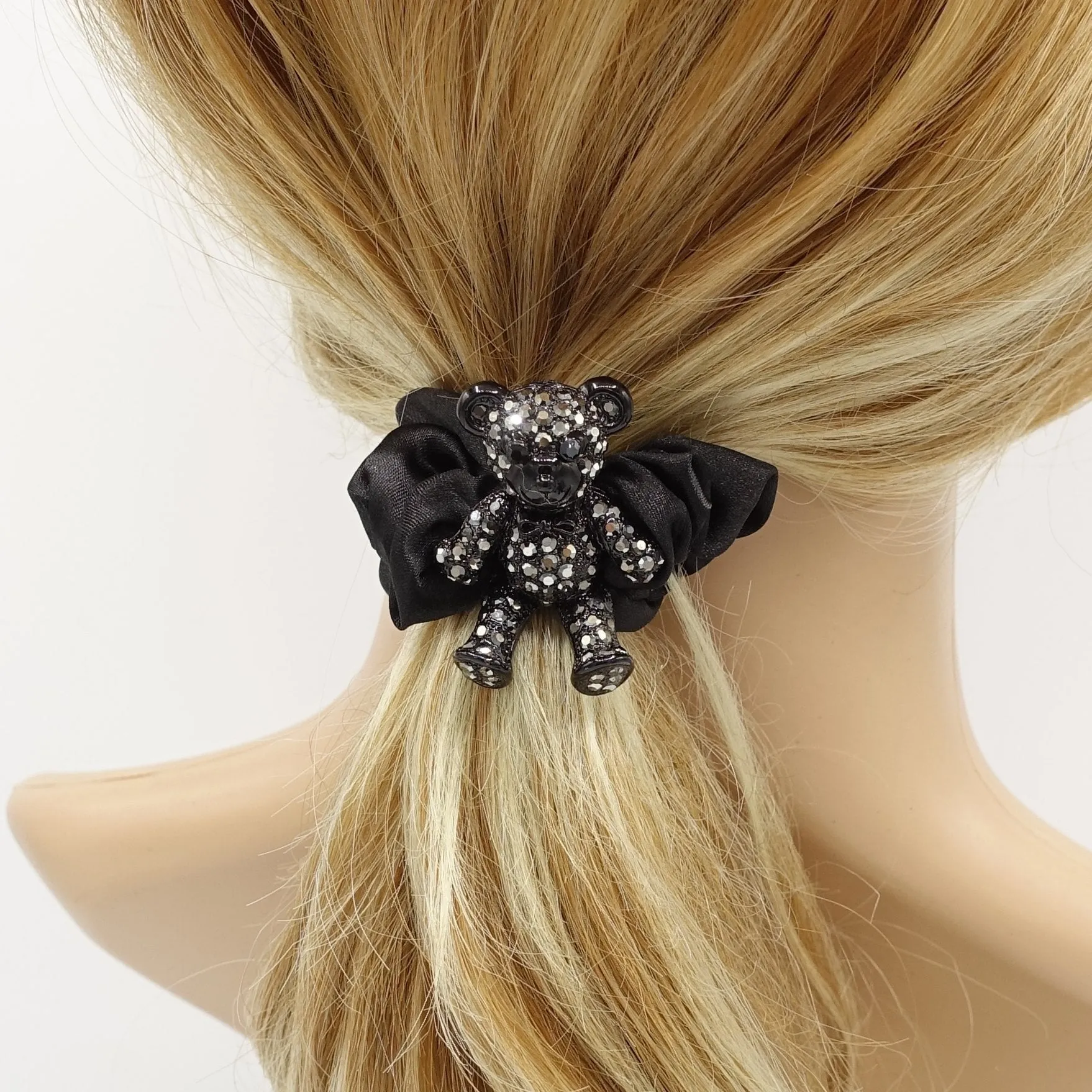 rhinestone bear hair elastic black satin scrunchies
