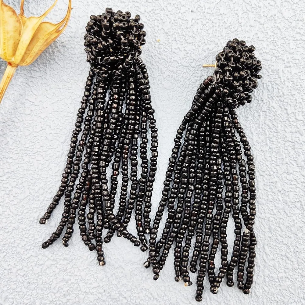 Round Beaded Tassel Earrings, Big Large Long Statement Beaded Earrings for Women, Boho Seed Bead Earrings