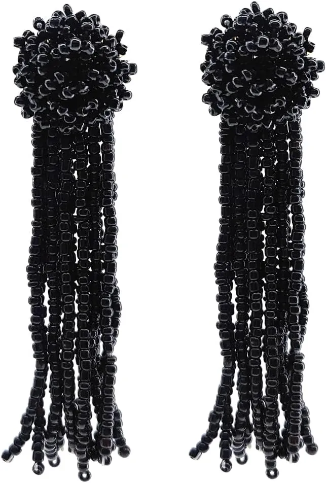 Round Beaded Tassel Earrings, Big Large Long Statement Beaded Earrings for Women, Boho Seed Bead Earrings