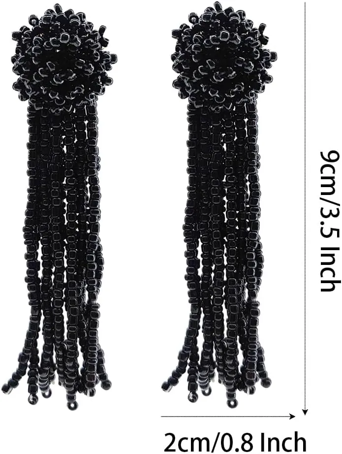 Round Beaded Tassel Earrings, Big Large Long Statement Beaded Earrings for Women, Boho Seed Bead Earrings
