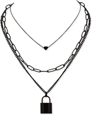 Sacina Gothic Silver-Tone, Black Layered Heart Lock Necklace, Emo Grunge Punk Necklace, Goth Jewelry, Halloween Christmas Jewelry Gift For Women