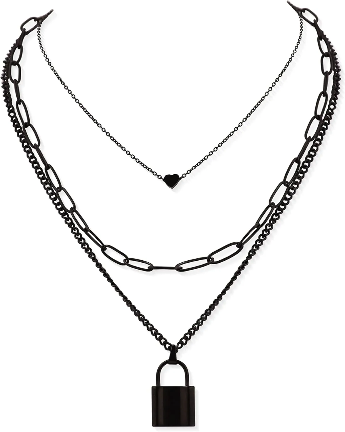 Sacina Gothic Silver-Tone, Black Layered Heart Lock Necklace, Emo Grunge Punk Necklace, Goth Jewelry, Halloween Christmas Jewelry Gift For Women