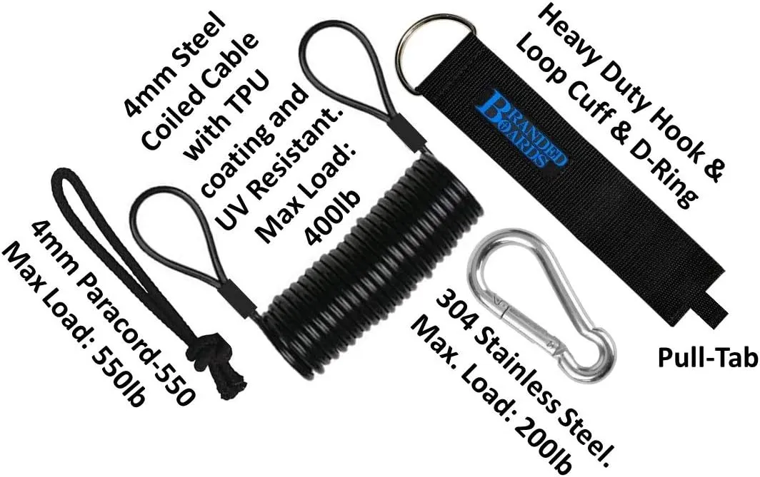 Safety Leash with Heavy Duty Wrist/Ankle Cuff, Carabiner & Paracord Loop. Boogie Boards, Snowboards, Surf Boards, SUP, Ski Scooters, Snowskates, Sleds, Dog Pet Lanyard