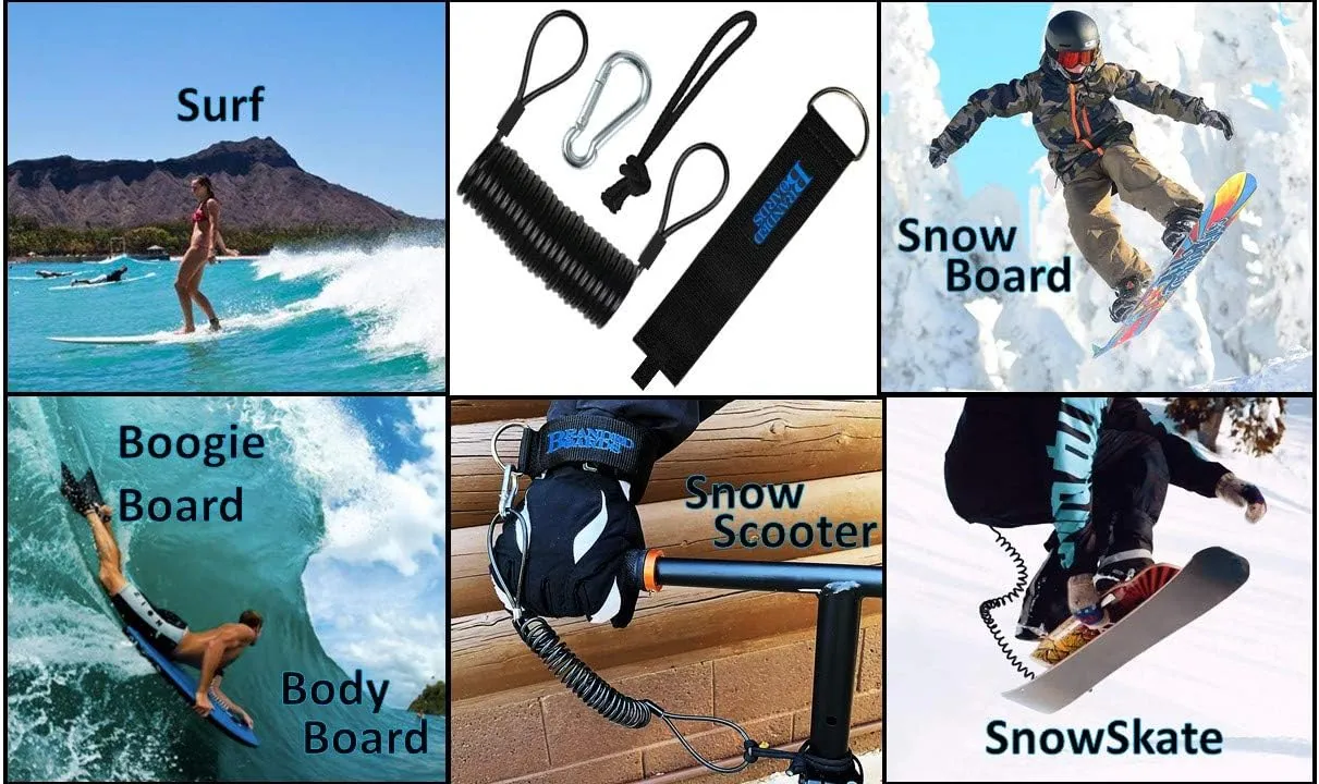Safety Leash with Heavy Duty Wrist/Ankle Cuff, Carabiner & Paracord Loop. Boogie Boards, Snowboards, Surf Boards, SUP, Ski Scooters, Snowskates, Sleds, Dog Pet Lanyard