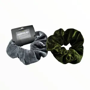 Set 2 scrunchies haarelastieken velvet grijs/groen