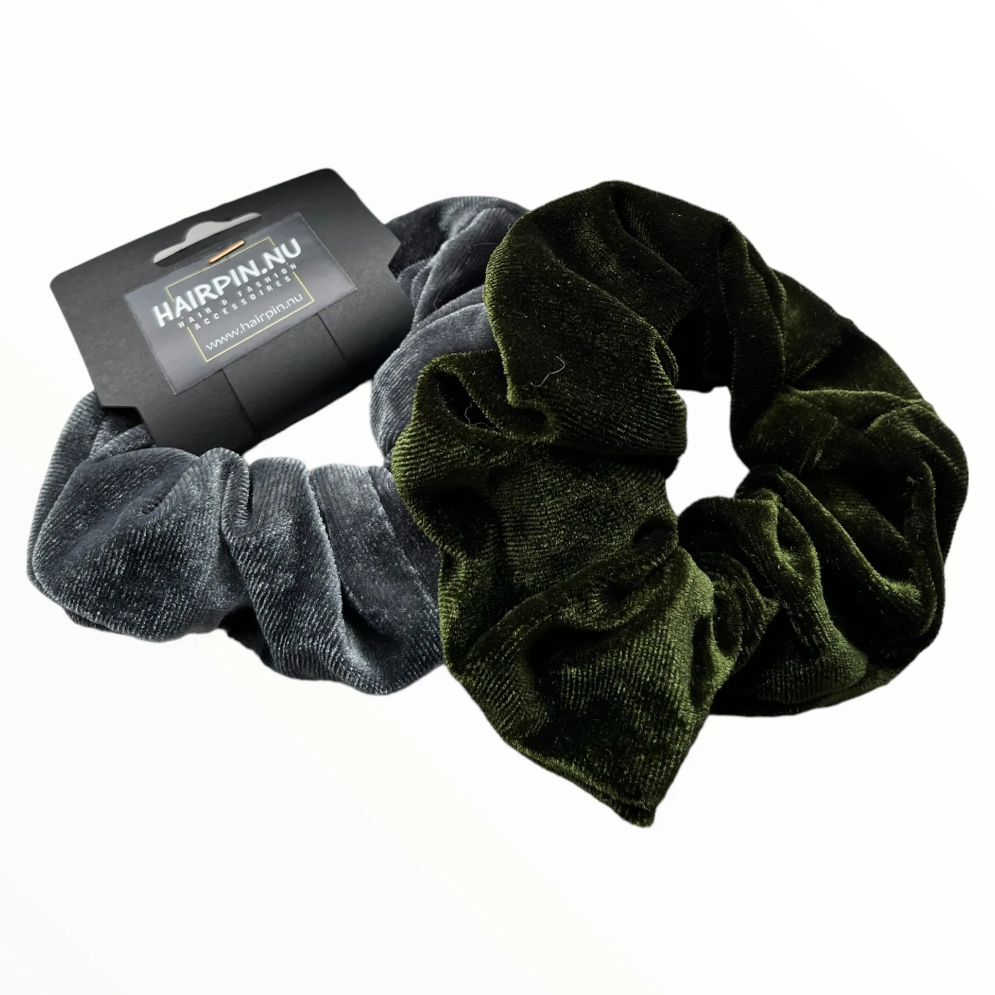 Set 2 scrunchies haarelastieken velvet grijs/groen