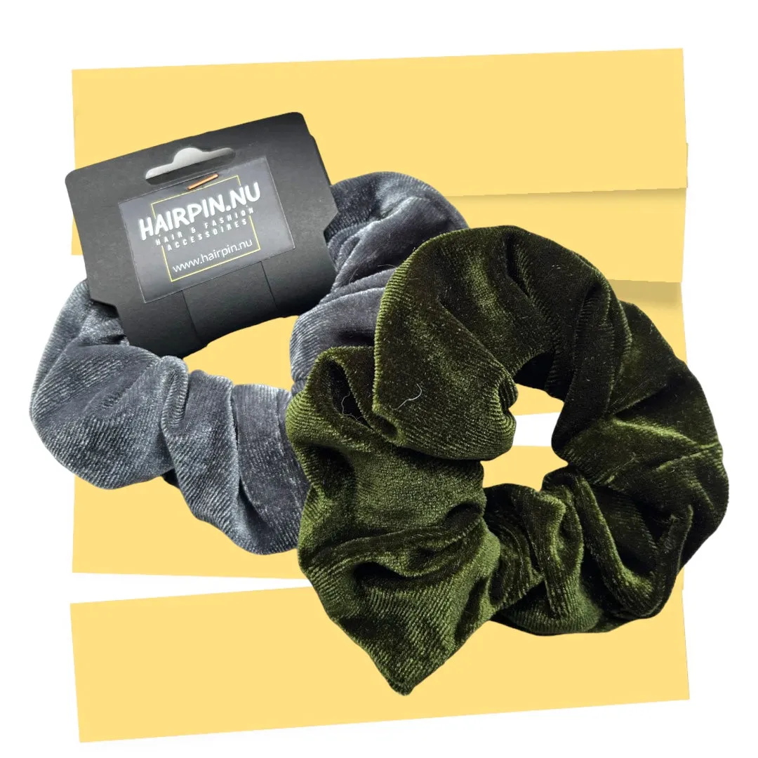Set 2 scrunchies haarelastieken velvet grijs/groen