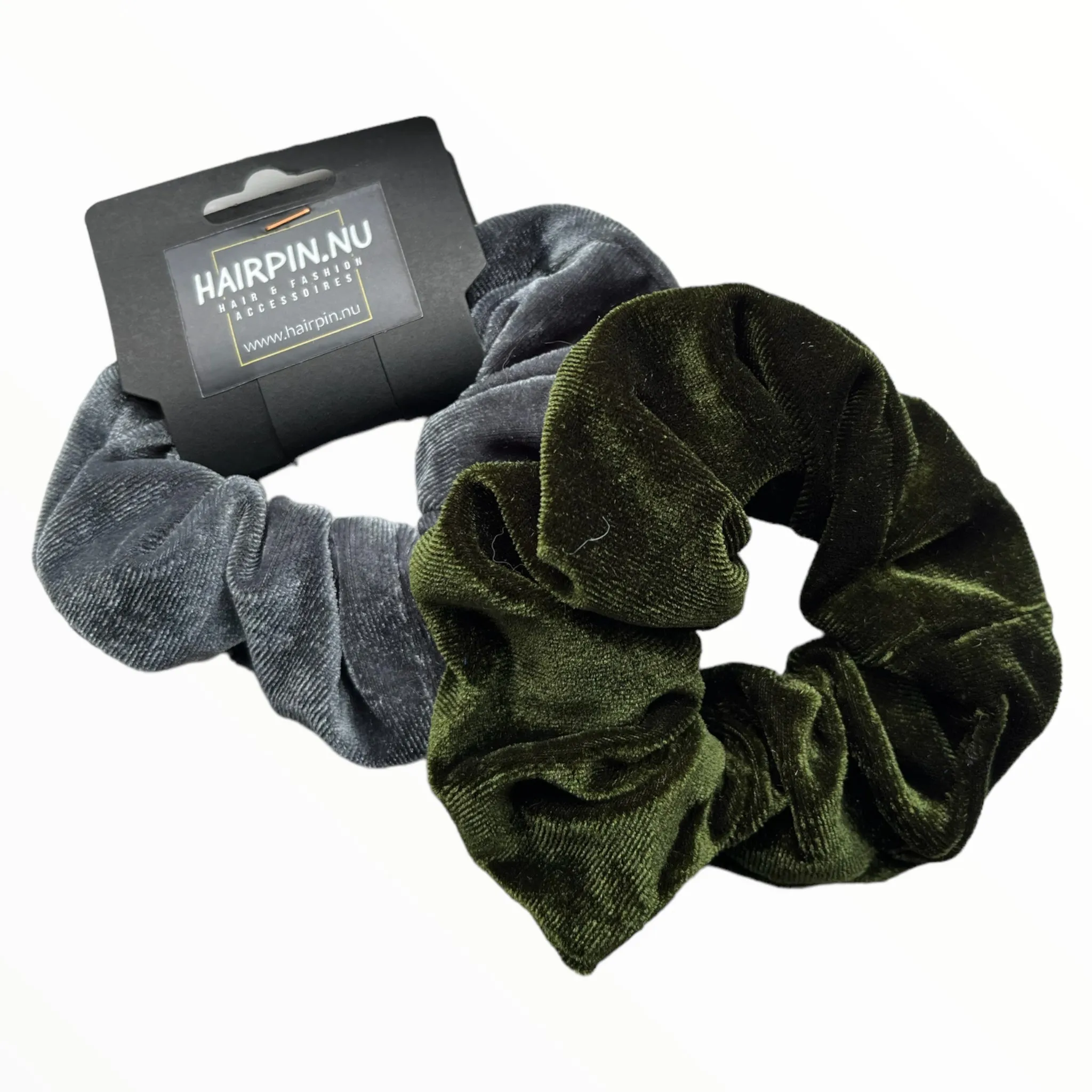 Set 2 scrunchies haarelastieken velvet grijs/groen