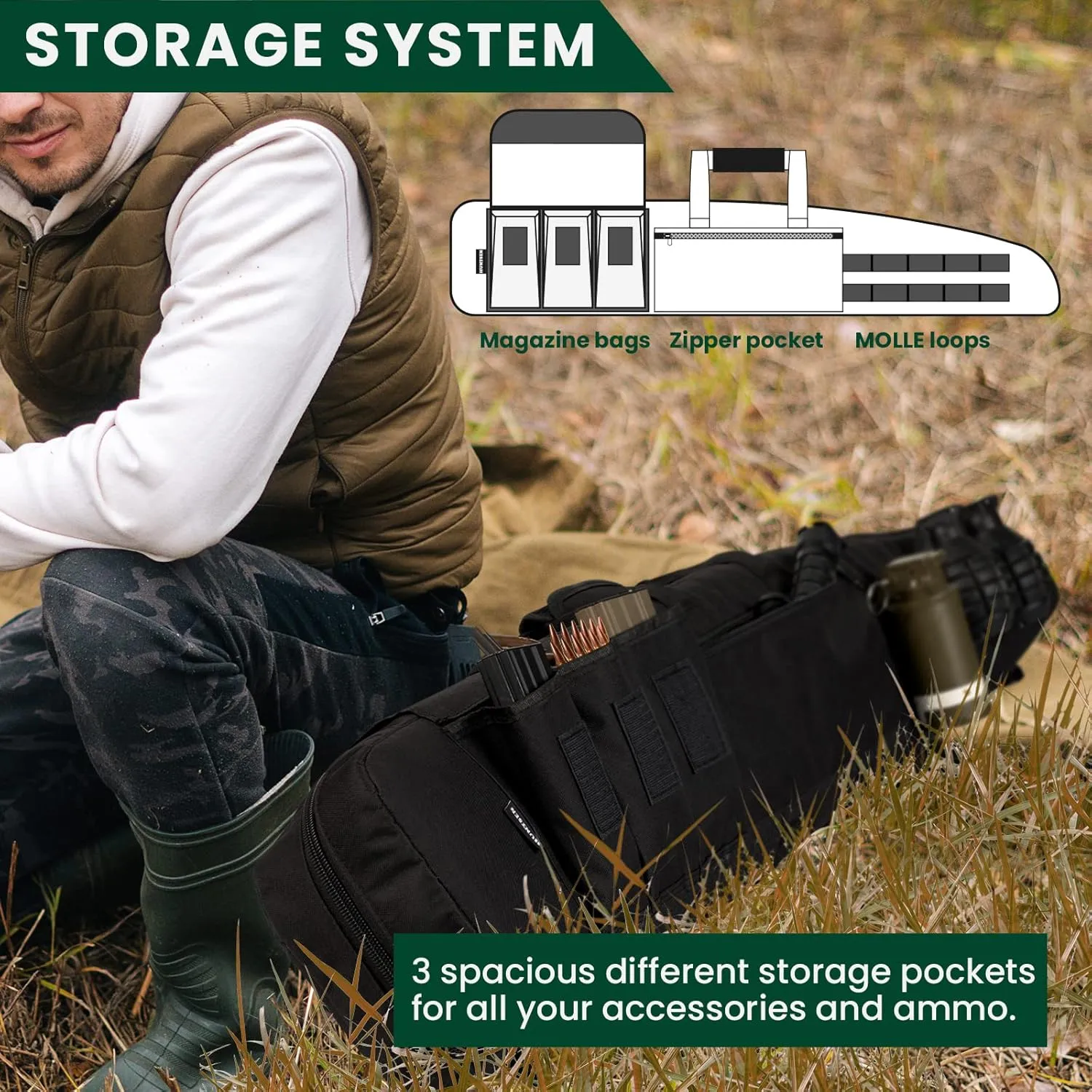 Soft Double Shotgun Rifle Case 38 42 44 46" 52" Long Gun Bag w/Padded Handle - Adjustable Sling Dual Lockable Zippers, Multiple Magazine Holder Pouches Outdoor Tactical Accessory Bags