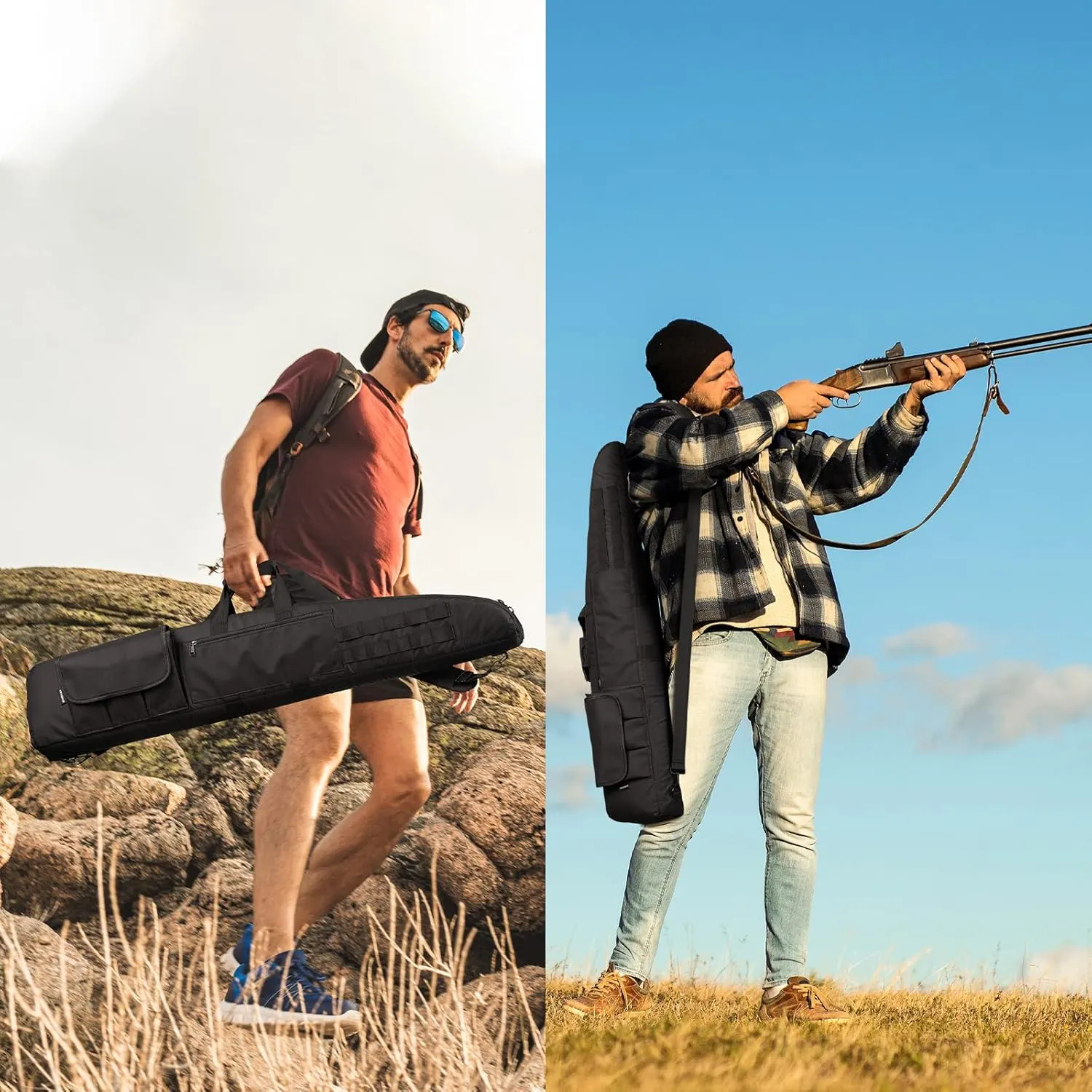 Soft Double Shotgun Rifle Case 38 42 44 46" 52" Long Gun Bag w/Padded Handle - Adjustable Sling Dual Lockable Zippers, Multiple Magazine Holder Pouches Outdoor Tactical Accessory Bags