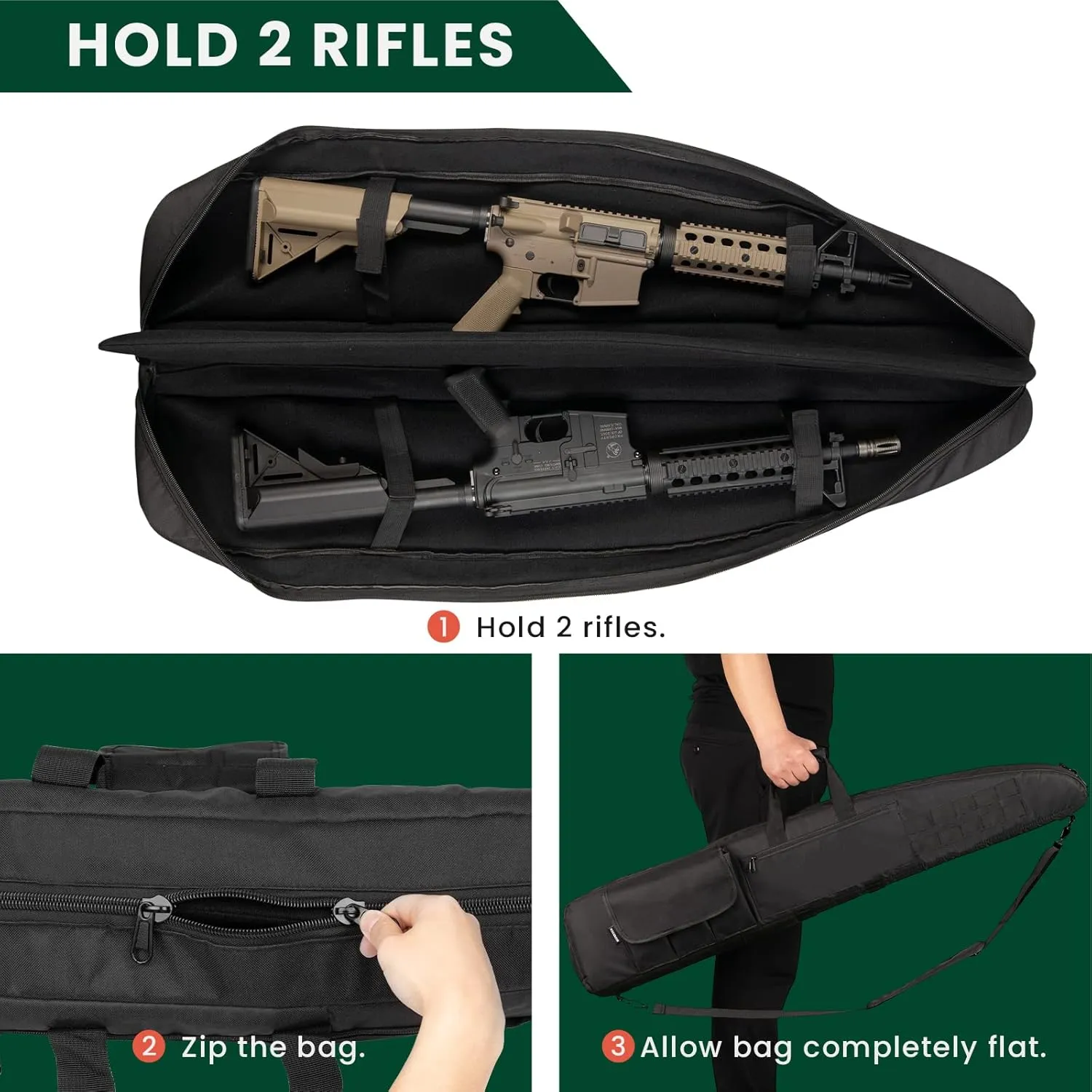 Soft Double Shotgun Rifle Case 38 42 44 46" 52" Long Gun Bag w/Padded Handle - Adjustable Sling Dual Lockable Zippers, Multiple Magazine Holder Pouches Outdoor Tactical Accessory Bags