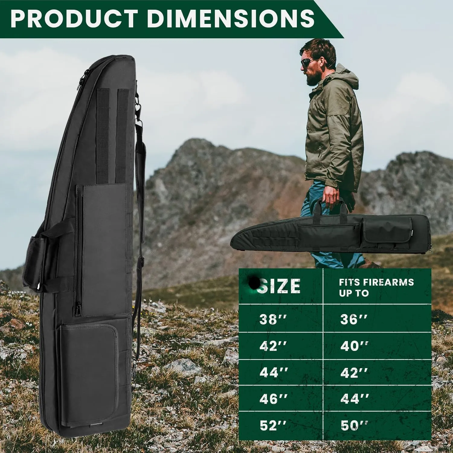 Soft Double Shotgun Rifle Case 38 42 44 46" 52" Long Gun Bag w/Padded Handle - Adjustable Sling Dual Lockable Zippers, Multiple Magazine Holder Pouches Outdoor Tactical Accessory Bags