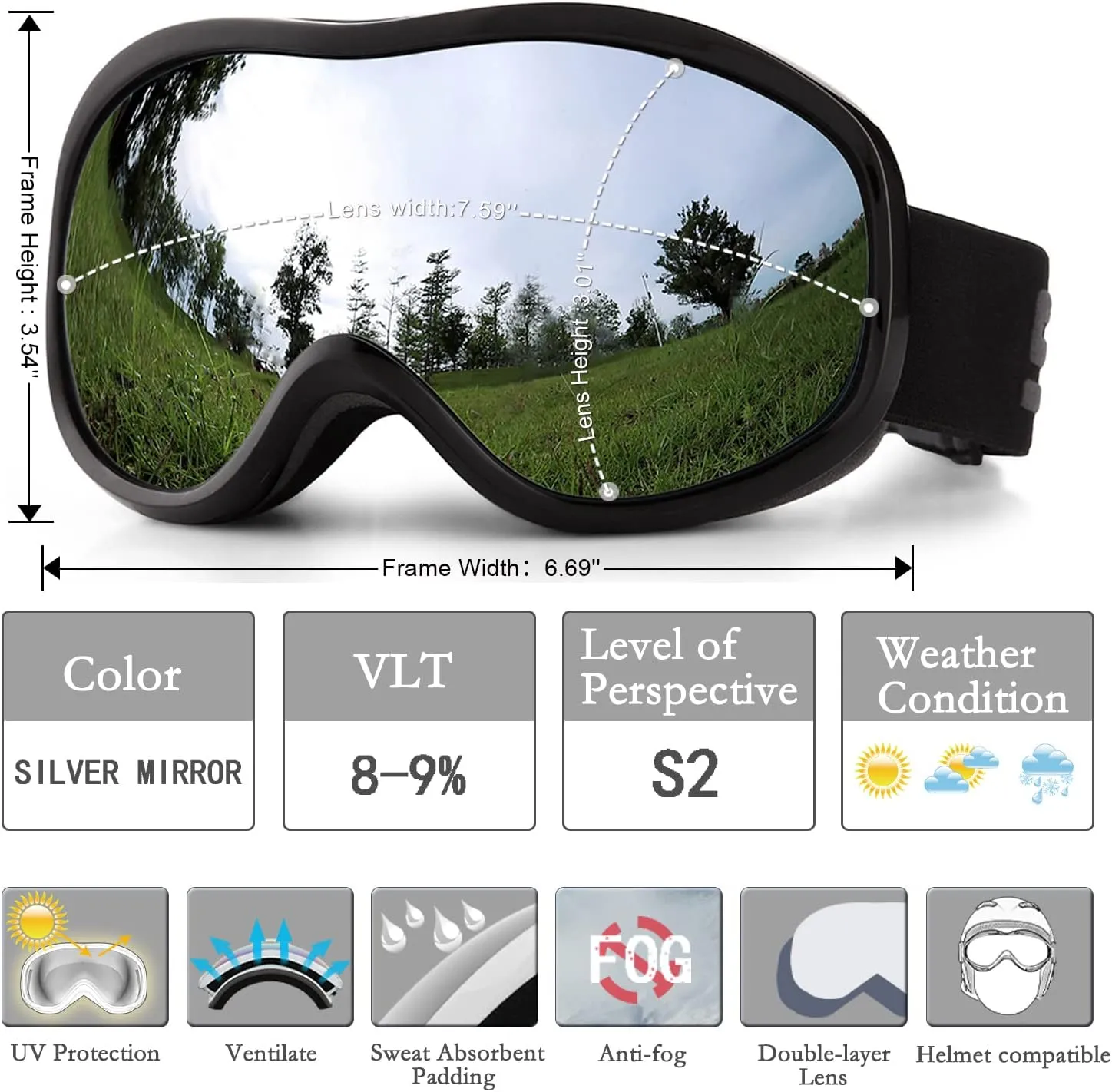SPOSUNE Ski Goggles Over Glasses with Dual lens, Anti-fog Anti-UV Snow Goggle for Men Women Youth Skiing Snowmobile