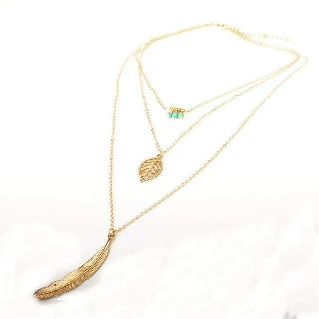 Turquoise Leaf Feather Multi Layer Necklace | CozyCouture®