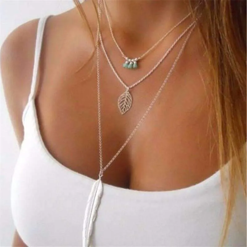 Turquoise Leaf Feather Multi Layer Necklace | CozyCouture®