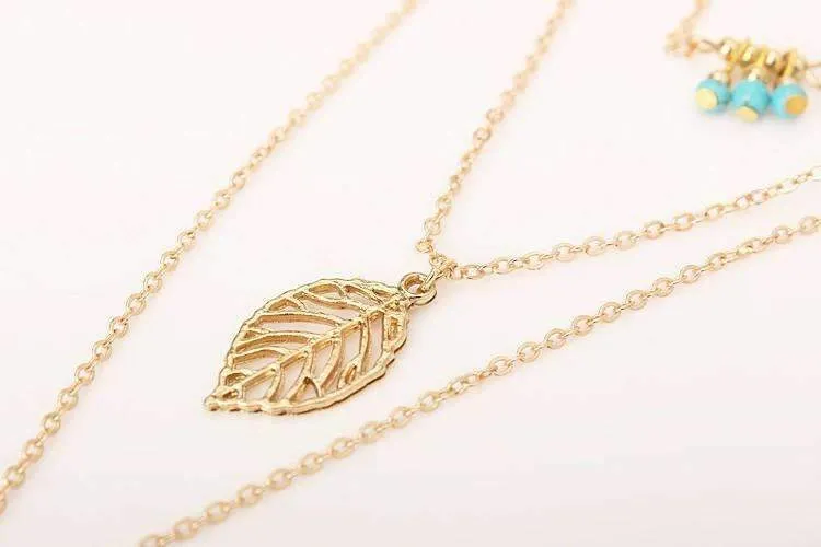 Turquoise Leaf Feather Multi Layer Necklace | CozyCouture®