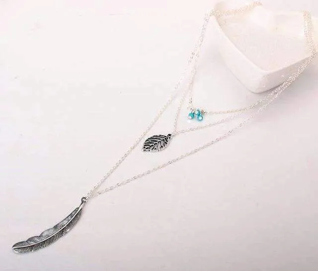 Turquoise Leaf Feather Multi Layer Necklace | CozyCouture®