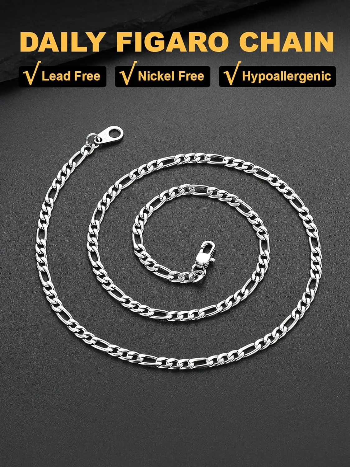 U7 Figaro Chain, Twisted Rope Chain, Men Stainless Steel Necklace,3mm,5mm,6mm,9mm 18K Gold Plated Chains Necklaces for Men Women 16"-30"
