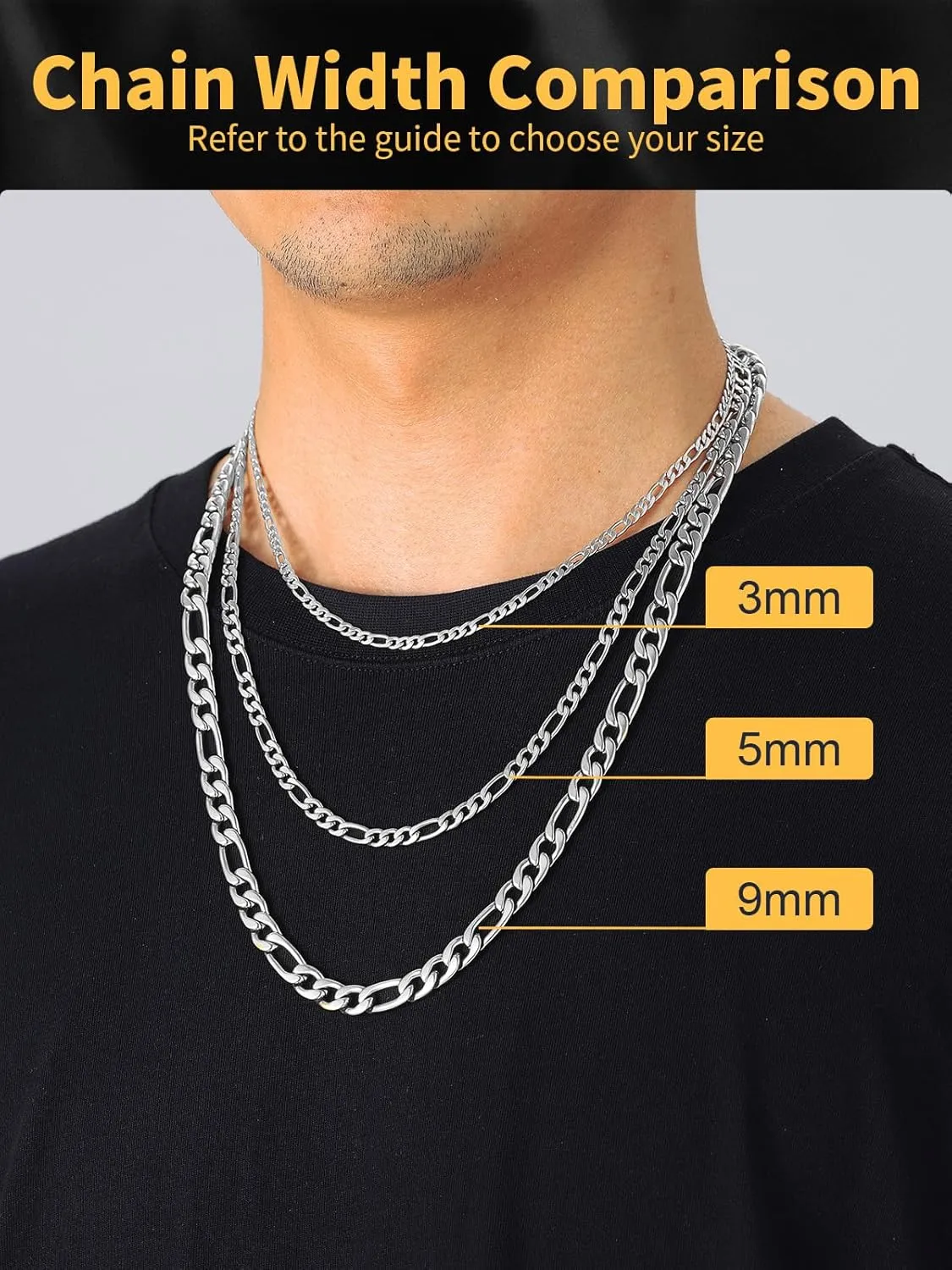 U7 Figaro Chain, Twisted Rope Chain, Men Stainless Steel Necklace,3mm,5mm,6mm,9mm 18K Gold Plated Chains Necklaces for Men Women 16"-30"