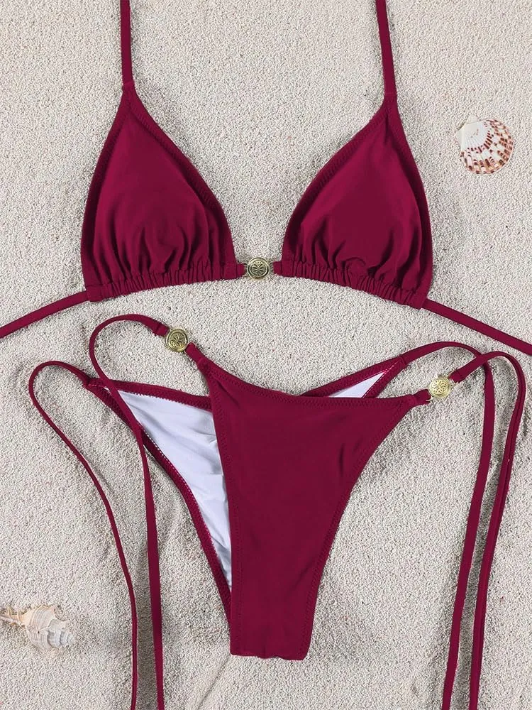 Women Thong Bikini Sets String Halter Two Piece Sexy Swimsuit Cheeky Solid Color Bathing Suit