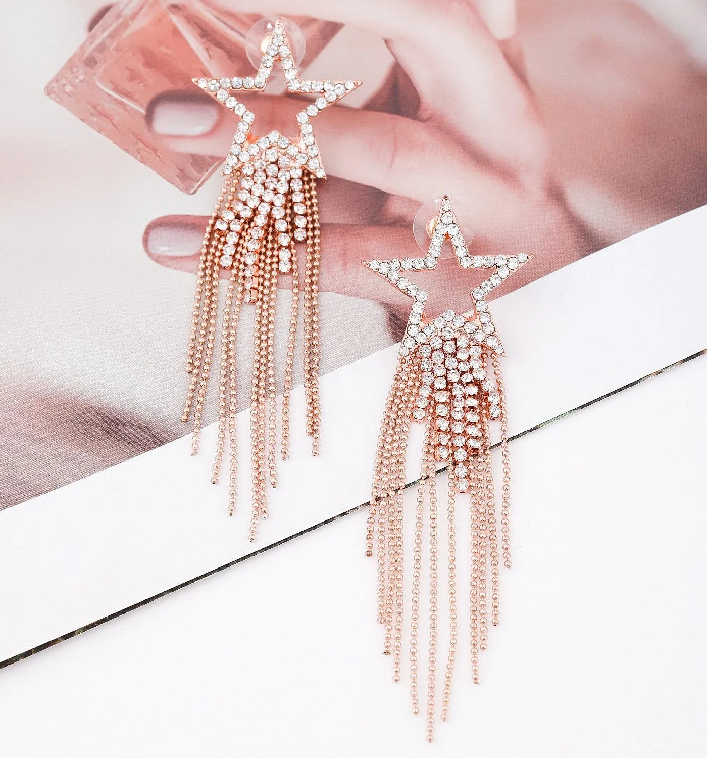 Womens Tassel Earrings Star Ear Stud Pave Crystal Dangle Earrings Boho Waterfall Beaded Fringe Drop Earring