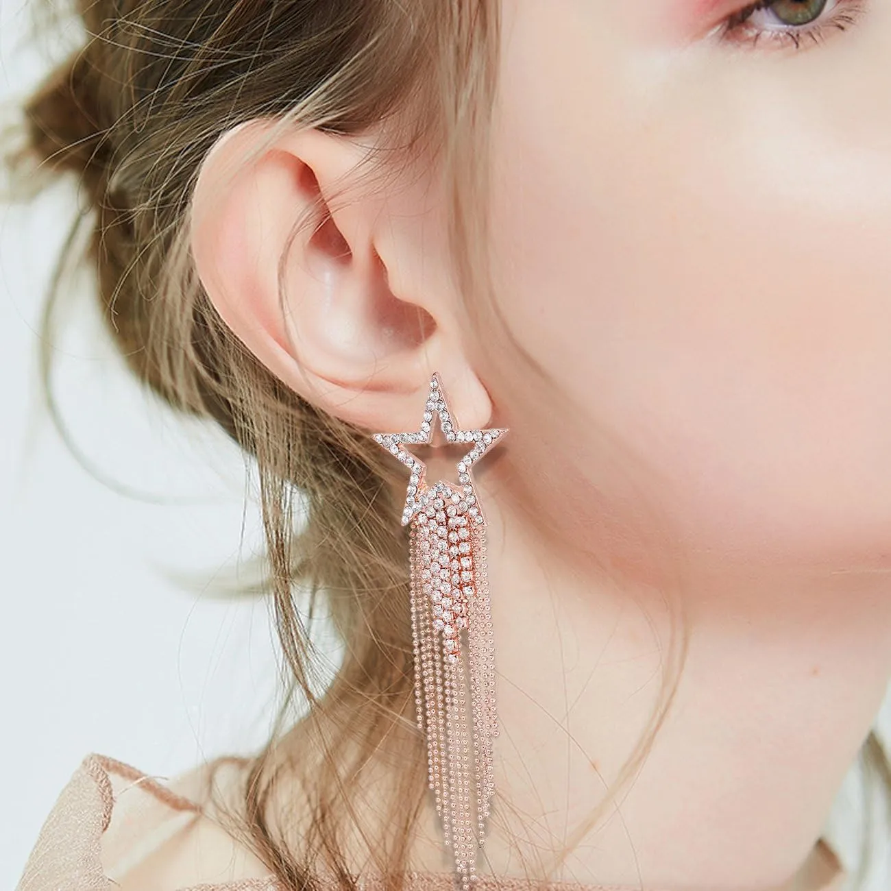 Womens Tassel Earrings Star Ear Stud Pave Crystal Dangle Earrings Boho Waterfall Beaded Fringe Drop Earring