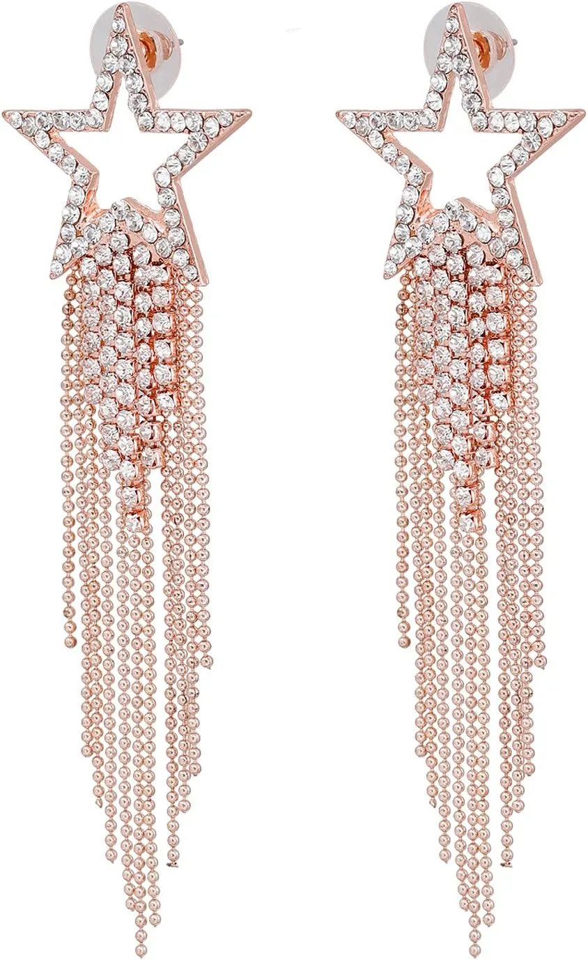 Womens Tassel Earrings Star Ear Stud Pave Crystal Dangle Earrings Boho Waterfall Beaded Fringe Drop Earring