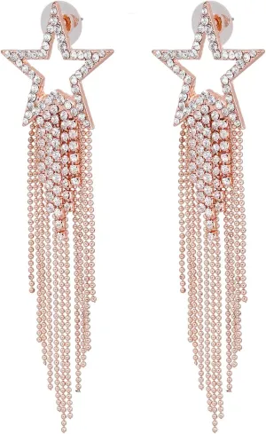 Womens Tassel Earrings Star Ear Stud Pave Crystal Dangle Earrings Boho Waterfall Beaded Fringe Drop Earring