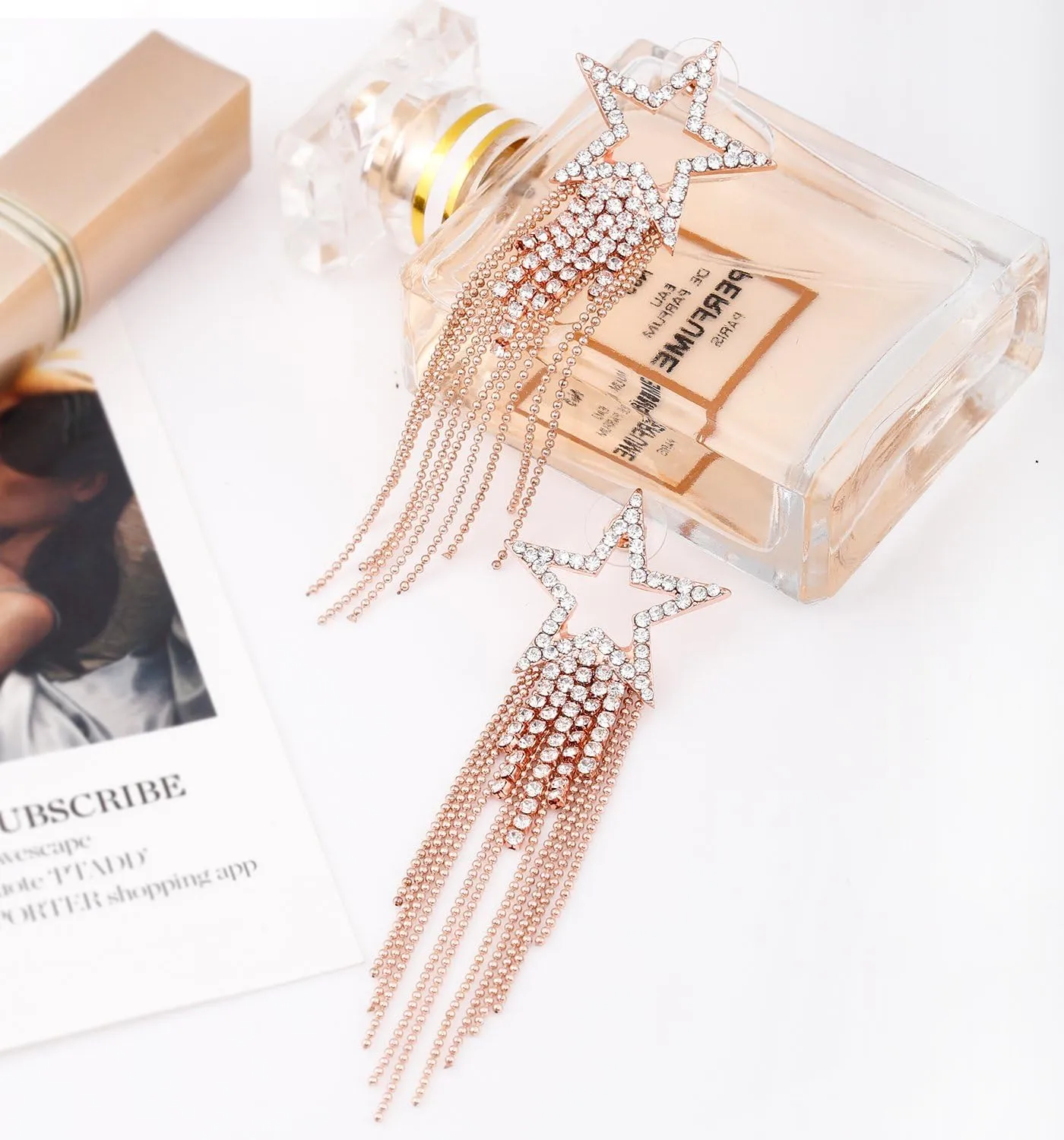 Womens Tassel Earrings Star Ear Stud Pave Crystal Dangle Earrings Boho Waterfall Beaded Fringe Drop Earring