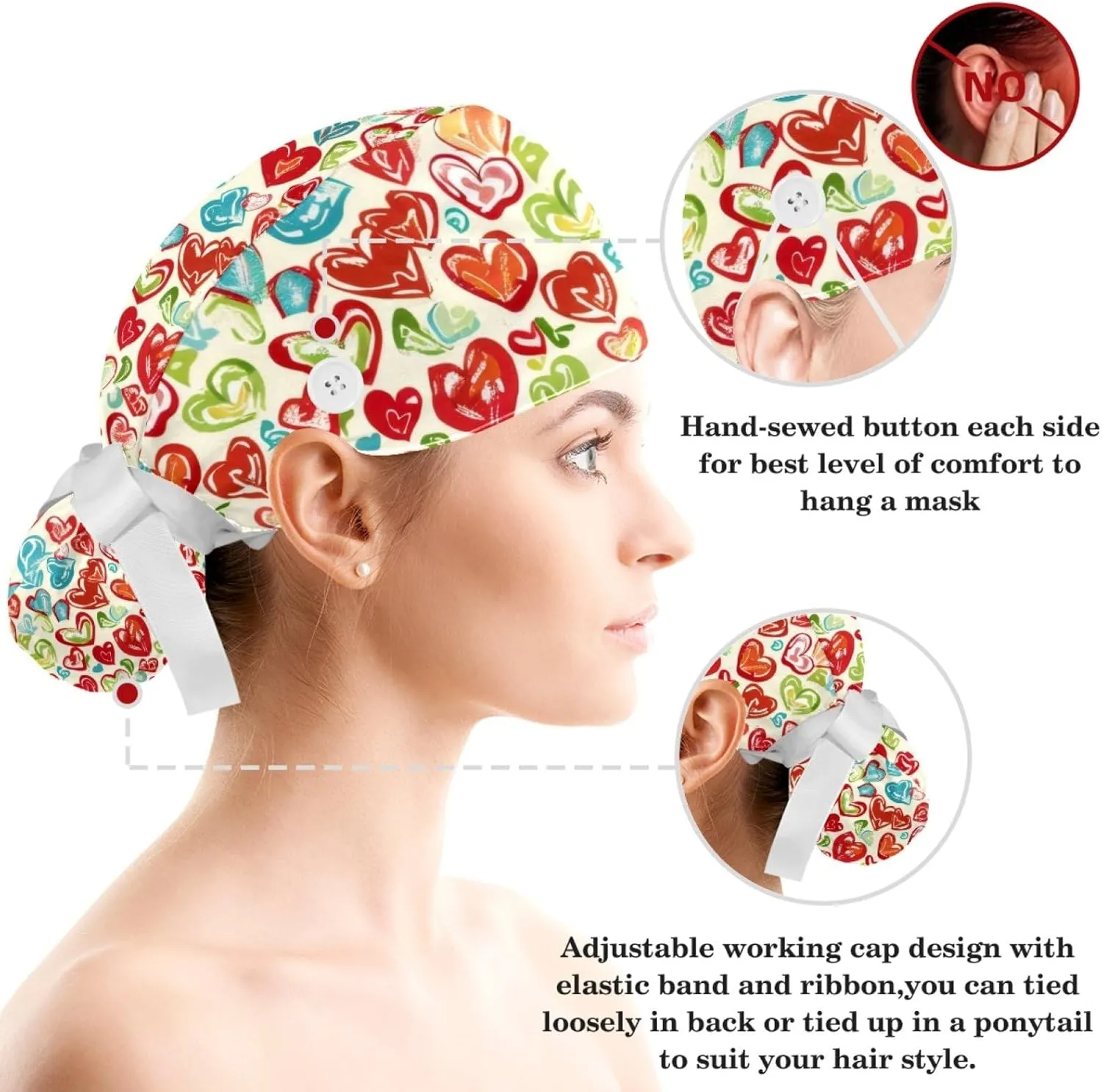 Womens Working Cap Scrub Hats with Bow Scrunchies, Heart Beat Pattern Bouffant Surgical Cap Ponytail Holder