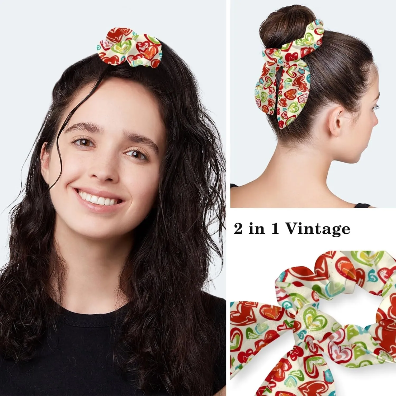 Womens Working Cap Scrub Hats with Bow Scrunchies, Heart Beat Pattern Bouffant Surgical Cap Ponytail Holder